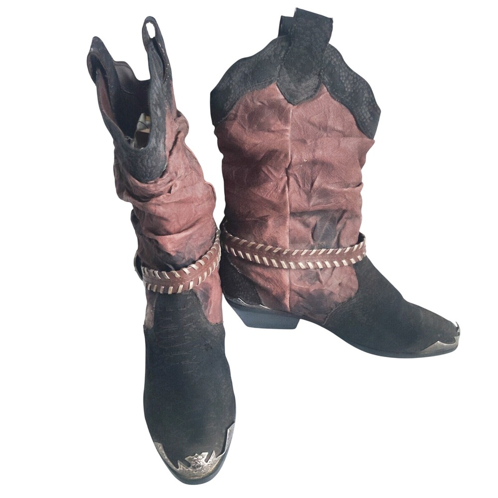 Vintage Cowboy Cowgirl Boots 6.5 Western Slouchy Burgundy Boho Leather Belted